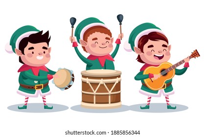 group of santa helpers playing instruments characters vector illustration design