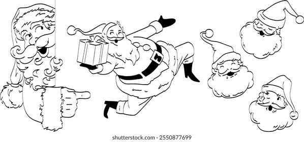 A Group Of Santas Having Fun Line Art. Vector Icon Hand Drawn Black Line Doodle Illustration