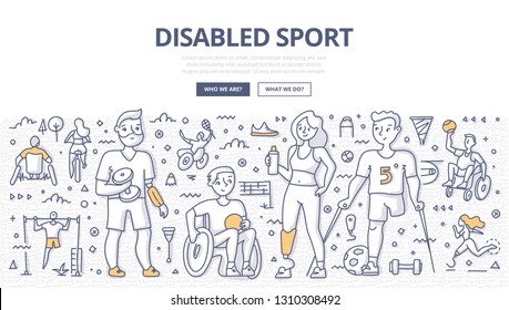 Group of satisfied athletes with physical disabilities from different sports. Concept of inclusive and disabled sports. Doodle illustration for web banners, hero images, printed materials