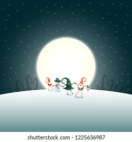 Group of scandinavian gnomes and snowman are walking in front of full moon - Christmas winter background