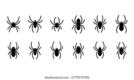 Group of scary black spider silhouettes with various leg positions, eight legs