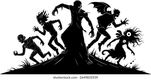 A group of scary monsters and creatures in a silhouette style silhouette