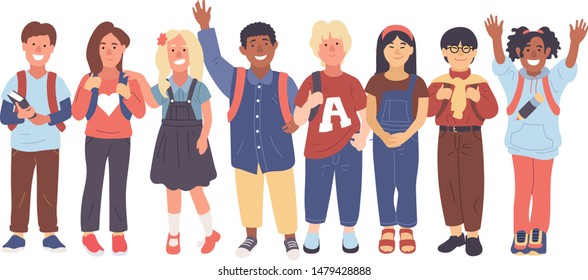 Group of school affable children of different nationalities cheerful smiling schoolmates classmates in casual wear stand in full growth vector illustration isolated on white background
