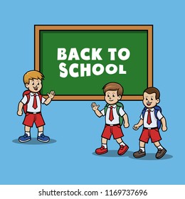 Group of school boy give back to school greeting.
