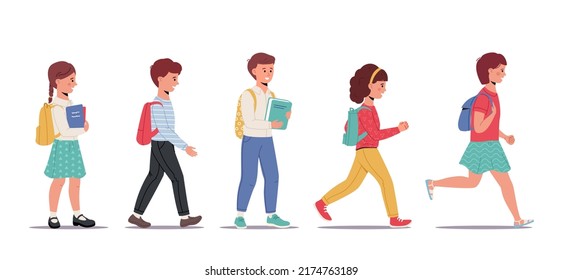 Group of school children back to school. Set of boys and girls going to elementary or middle school. Education. Flat vector illustration.