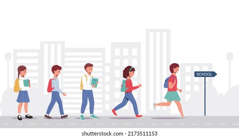 Group of school children back to school in the street. Kids go and run into school building. 1st of September. Education. Flat vector illustration. 