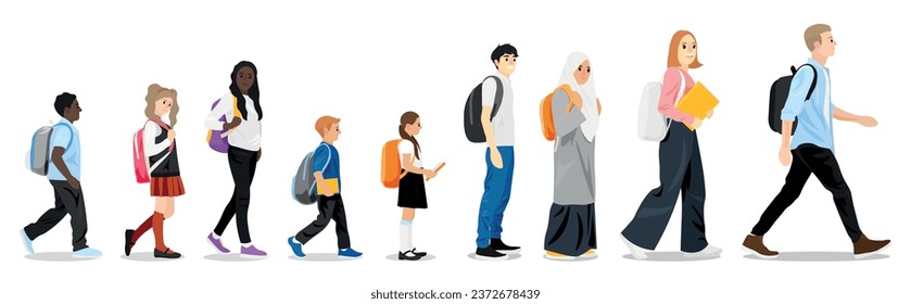 Group of school children with backpacks on white background