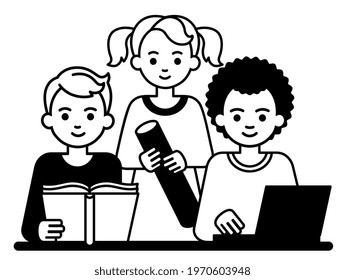 Group of school children, boys and a girl, with a book, tube and laptop
Black and white icon, line and fill.