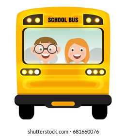 Group of school children in the school bus. The boy and girl are smiling and looking out the window behind the bus. Back view. Back to school