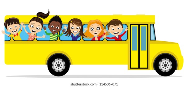Group of school children in a school bus on a white background.