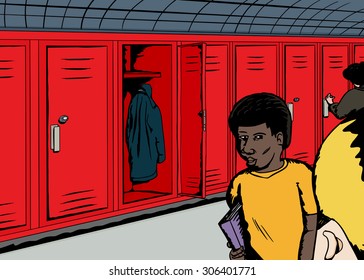 Group of school children in corridor with red lockers