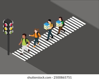 Group Of School Children Crossing Road On Crosswalk With Traffic Lights 3d vector illustration concept