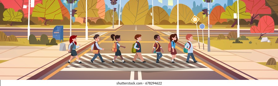 Group Of School Children Crossing Road On Crosswalk With Traffic Lights Flat Vector Illustration