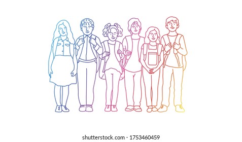 Group of school children. Rainbow colors in linear vector illustration.