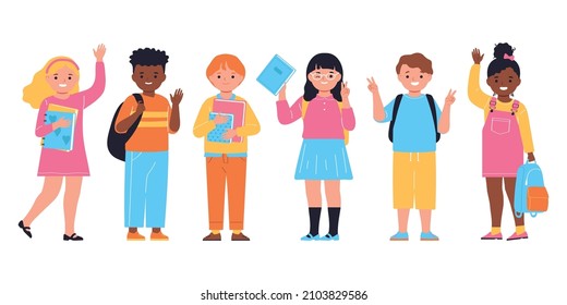 Group School Children Stationery Smiling Characters Stock Vector ...