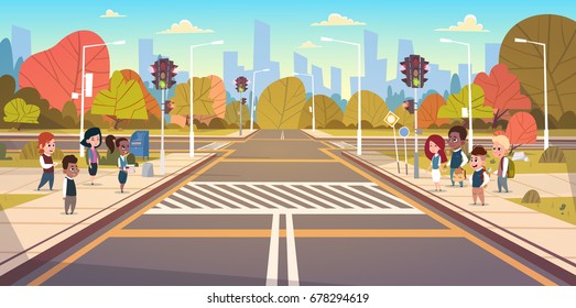 Group Of School Children Waiting For Green Traffic Light To Cross Road On Crosswalk Flat Vector Illustration