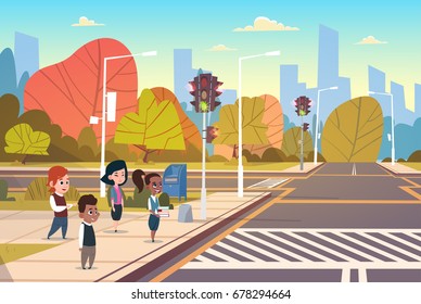 Group Of School Children Waiting For Green Traffic Light To Cross Road On Crosswalk Flat Vector Illustration