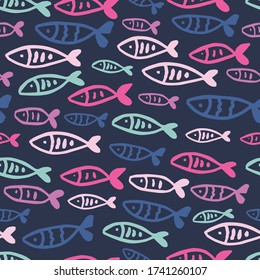 Group, school of colorful fish. Vector seamless pattern in doodle style. Simple hand drawn fishes on dark blue background.