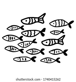 Group, school of fish. Vector illustration in doodle style. Simple hand drawn fishes on white background.