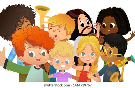 Group of school friends taking selfie. Multicultural Boys and Girls shoot themself on smartphone. Kids fooling around on camera. Group kids portrait. Vector illustration.