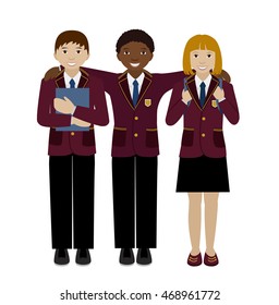 Group of school girl and boy in uniform, Teenager multiracial children isolated on white flat vector illustration, Classmates, friends concept