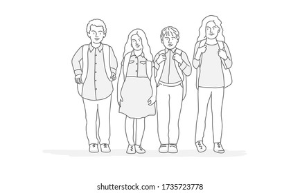 Group of school kids with backpack. Line drawing vector illustration.