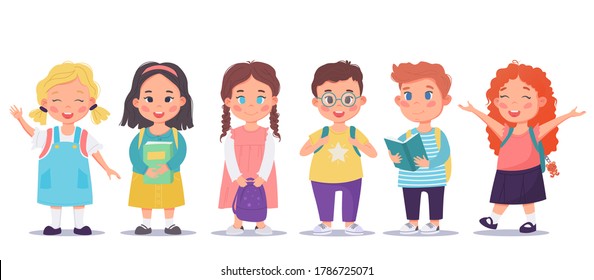 Group of school kids or pupils standing and smiling. They hold books and waving hands. Cute happy school characters isolated on the white background. Colorful cartoon vector illustration.