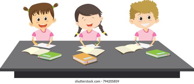 group of school kids studying together. isolated on white