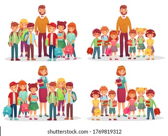 Group Of School Kids And Teacher. Education Knowledge, Students Elementary And Preschool Kindergarten Class. Vector Illustration