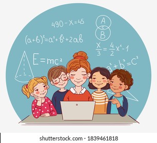 Group of school kids with teacher looking at laptop in the classroom