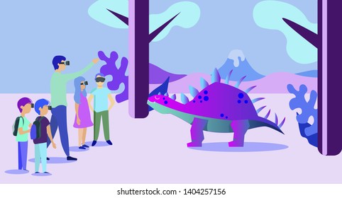 Group of School Kids in VR Glasses Watch Prehistoric Predator Stegosaurus Dinosaur at Virtual Augmented Reality Paleontology Museum, Excursion with Teacher. Filed Trip Cartoon Flat Vector Illustration