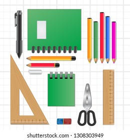 group of School and office tools object icons from top view