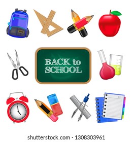 group of School and office tools object icons from top view with back to school board at the middle