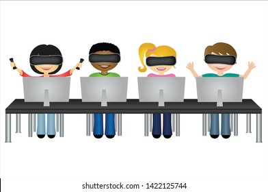 Group of school students with virtual reality goggles and desktop computers