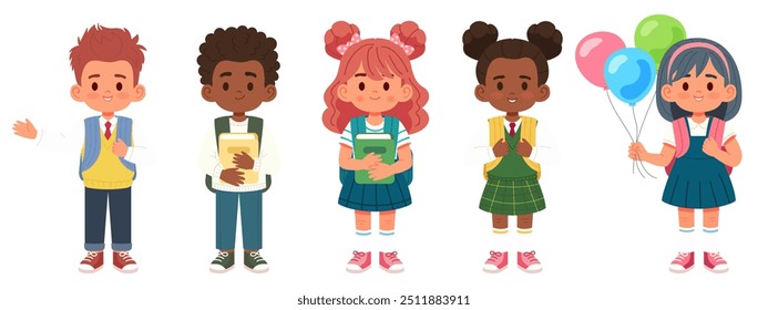 Grupo de alunos com mochilas, livros e balões. Ilustração vetorial