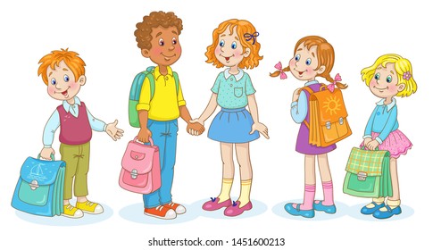 A group of schoolchildren of different ages with school bags. In cartoon style. Isolated on white background. Vector illustration