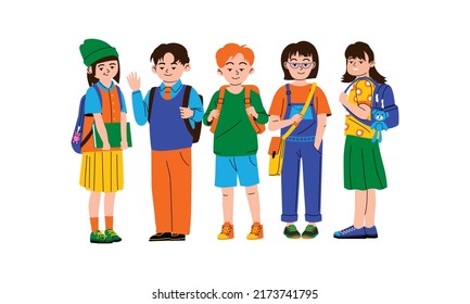 A group of schoolchildren or pupils standing together. Cute happy pupils isolated on white background. Colorful vector illustration in cartoon style.