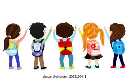 A group of schoolchildren with school bags looking and pointing with their hands up on a white background.