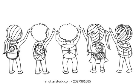 A group of schoolchildren with school bags looking and pointing with their hands up on a white background.