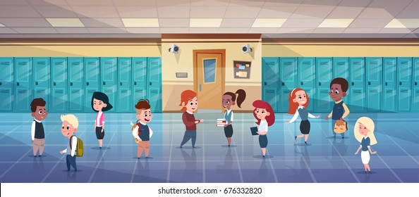 Group Of Schoolchildren In School Corridor Mix Race Pupils Over Row Of Lockers Flat Vector Illustration