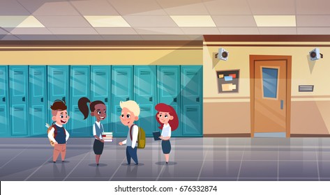 Group Of Schoolchildren In School Corridor Mix Race Pupils Over Row Of Lockers Flat Vector Illustration