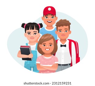 Un grupo de escolares, jóvenes profesionales o un grupo creativo. Un equipo de niños felices y exitosos. Trabajo en equipo. Un niño con una mochila, una chica con libros. Ilustración vectorial al estilo de las caricaturas.
