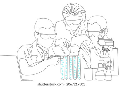 Group science team working on experiment and invention in laboratory with test tubes and microscope. biotechnologists develop vaccine for corona virus