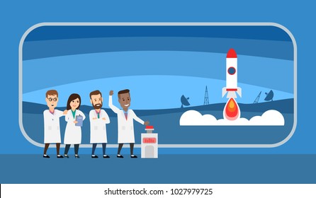 Group Of Scientist Launching A Rocket To Space