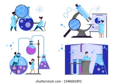 Group of scientist making medical research. Laboratory equipment. Medicine and chemistry experiment. Chemical analysis. Isolated vector illustration in cartoon style