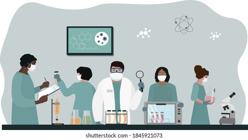 Un grupo de científicos de todo el mundo se dedica a la investigación y el desarrollo de una vacuna. Coronavirus, ncov, busca tratamiento antiviral. Ilustración vectorial.