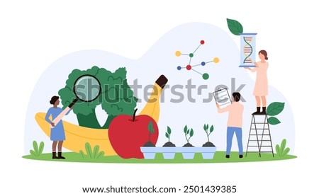 Group of scientists analyzing genetic makeup of fruits and plants using various scientific tools and charts. Magnifying glass and DNA strands in focus vector illustration.
