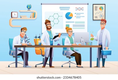 Group of scientists conducting experiments in science laboratory. Scientific research concept. Vector cartoon illustration