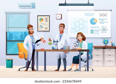 Group of scientists conducting experiments in science laboratory. Male and female scientists doing scientific research. Vector illustration