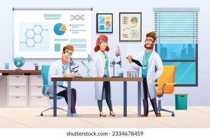 Group of scientists conducting experiments in science laboratory. Men and woman scientists doing scientific research. Vector illustration